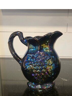 Vintage Red Clay Iridescent Glass Pitcher Grape Vine Motif Purple Collectible